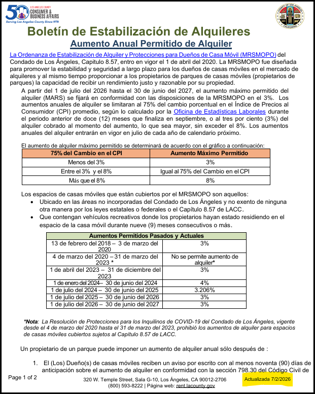 First page of the Spanish MRSMOPO bulletin for mobile home park spaces, showing the permitted increase table.
