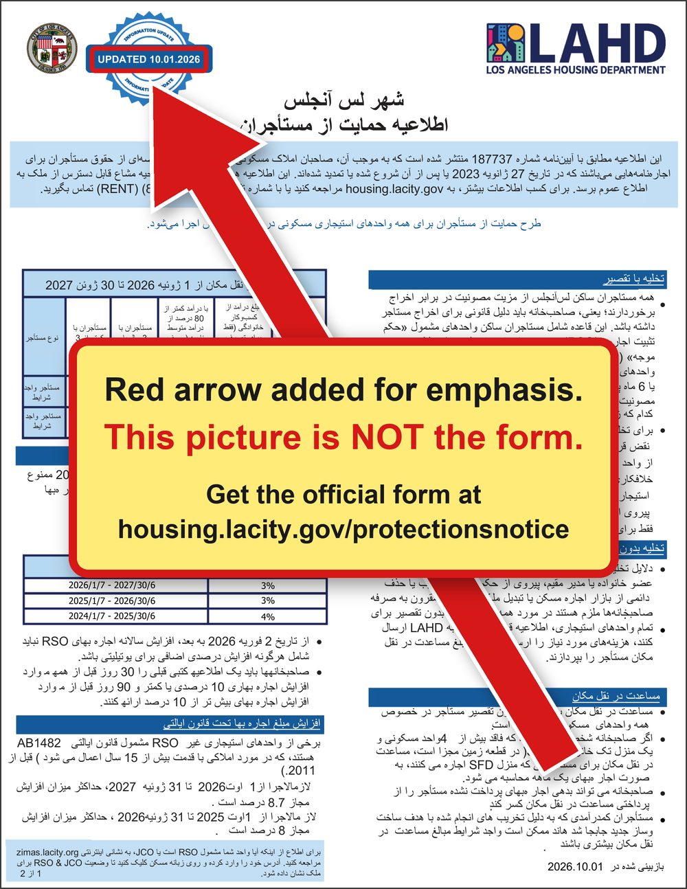 First page of the updated Renter Protections Notice in Farsi. A red arrow, added for emphasis, points to the stamp Updated 10.01.2026. A yellow box across the middle says this picture is not the form and gives the address of the official form.