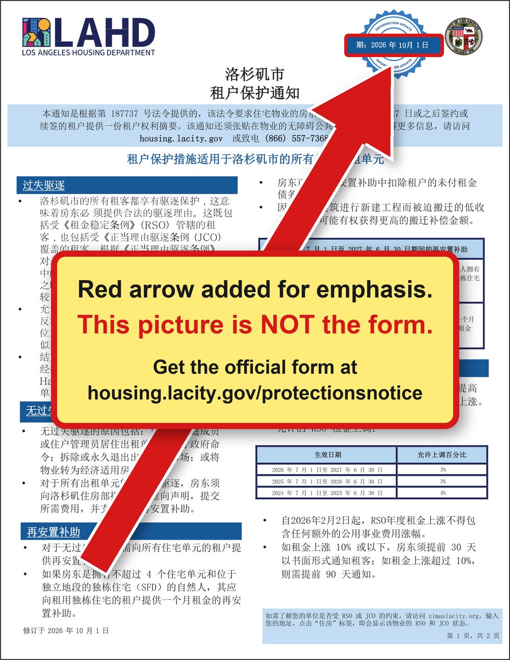 First page of the updated Renter Protections Notice in Mandarin. A red arrow, added for emphasis, points to the stamp Updated 10.01.2026. A yellow box across the middle says this picture is not the form and gives the address of the official form.