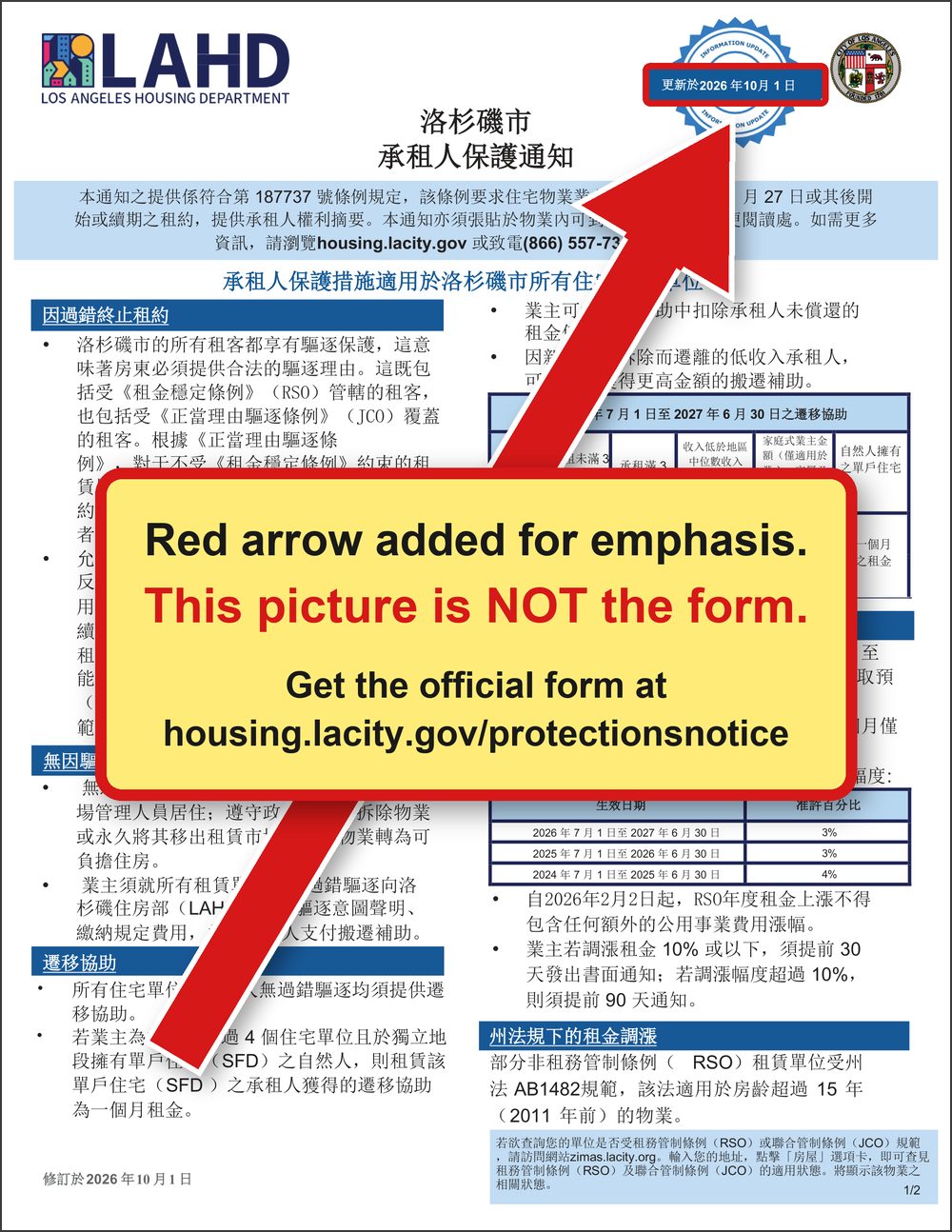 First page of the updated Renter Protections Notice in Cantonese. A red arrow, added for emphasis, points to the stamp Updated 10.01.2026. A yellow box across the middle says this picture is not the form and gives the address of the official form.
